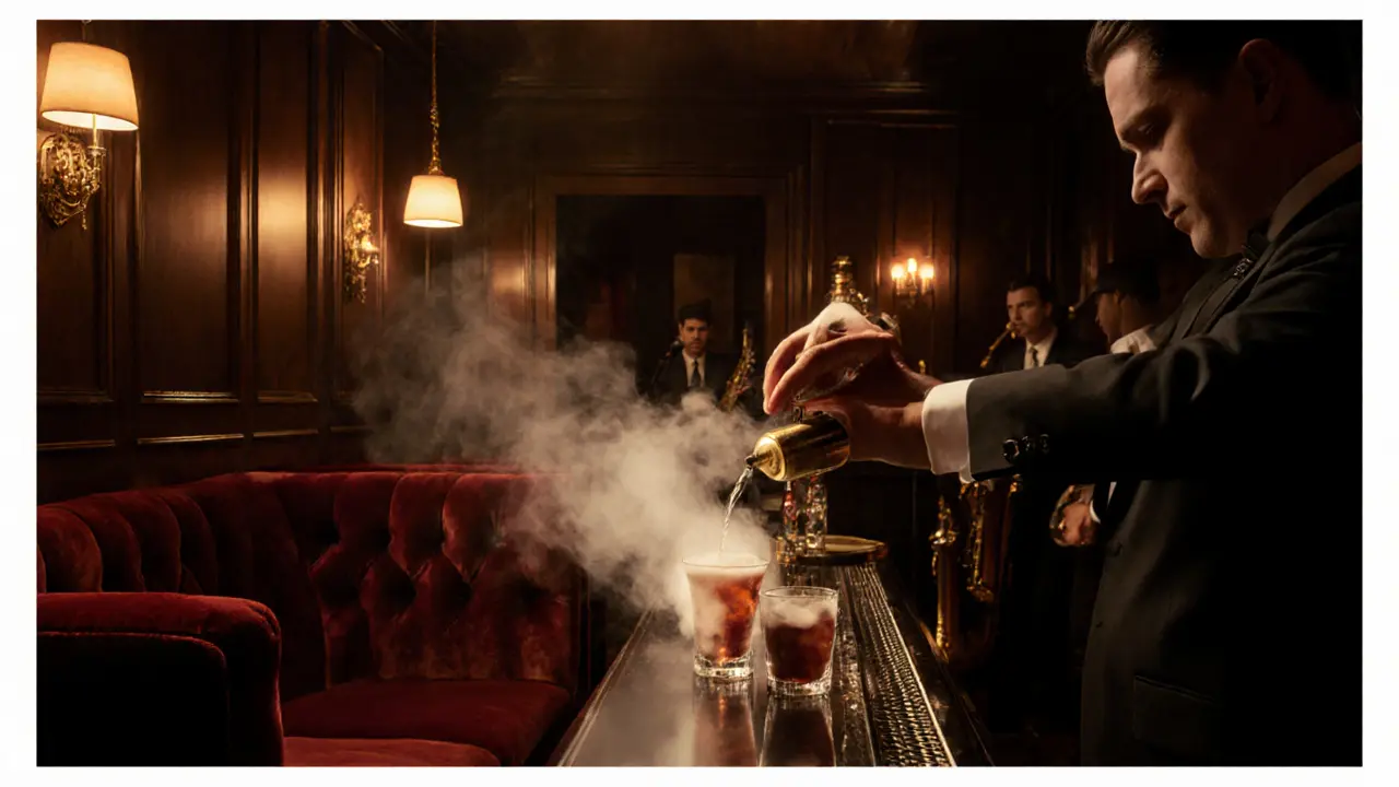 1920s speakeasy bar with dry‑ice cocktail plume and warm brass lighting.