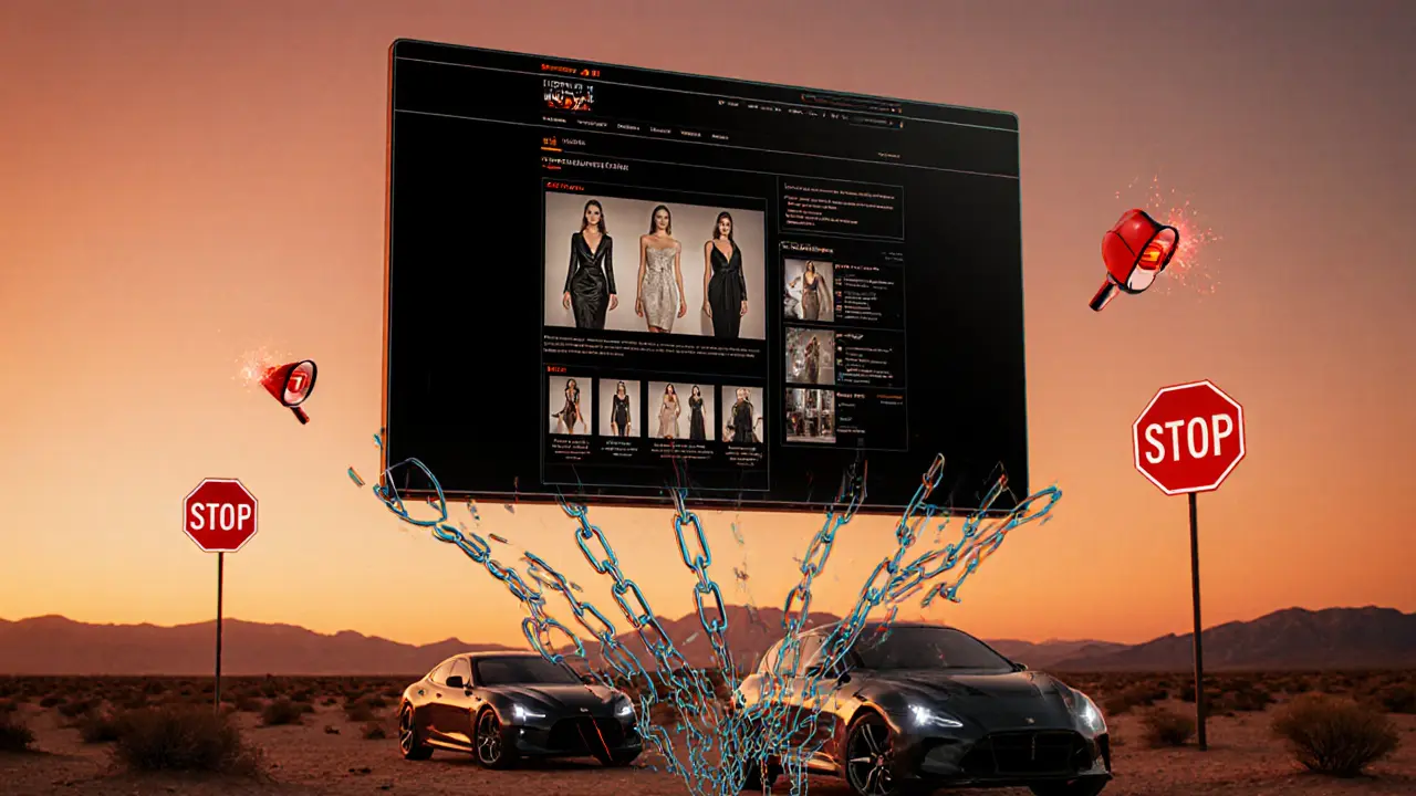 A deceptive escort website floating over Dubai's desert skyline, with hidden warning symbols emerging from the screen.