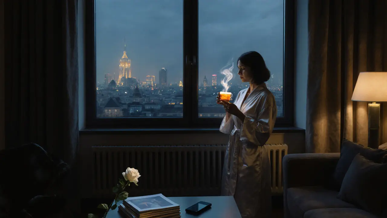 A luxury escort stands by a window in a Berlin apartment, holding tea, with encrypted devices and art books nearby.