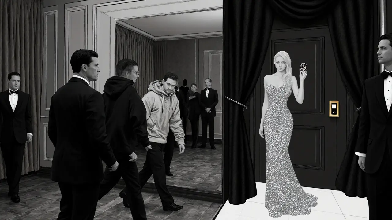 A man in casual clothes is escorted out while another enters secretly through a hidden door in Monaco.