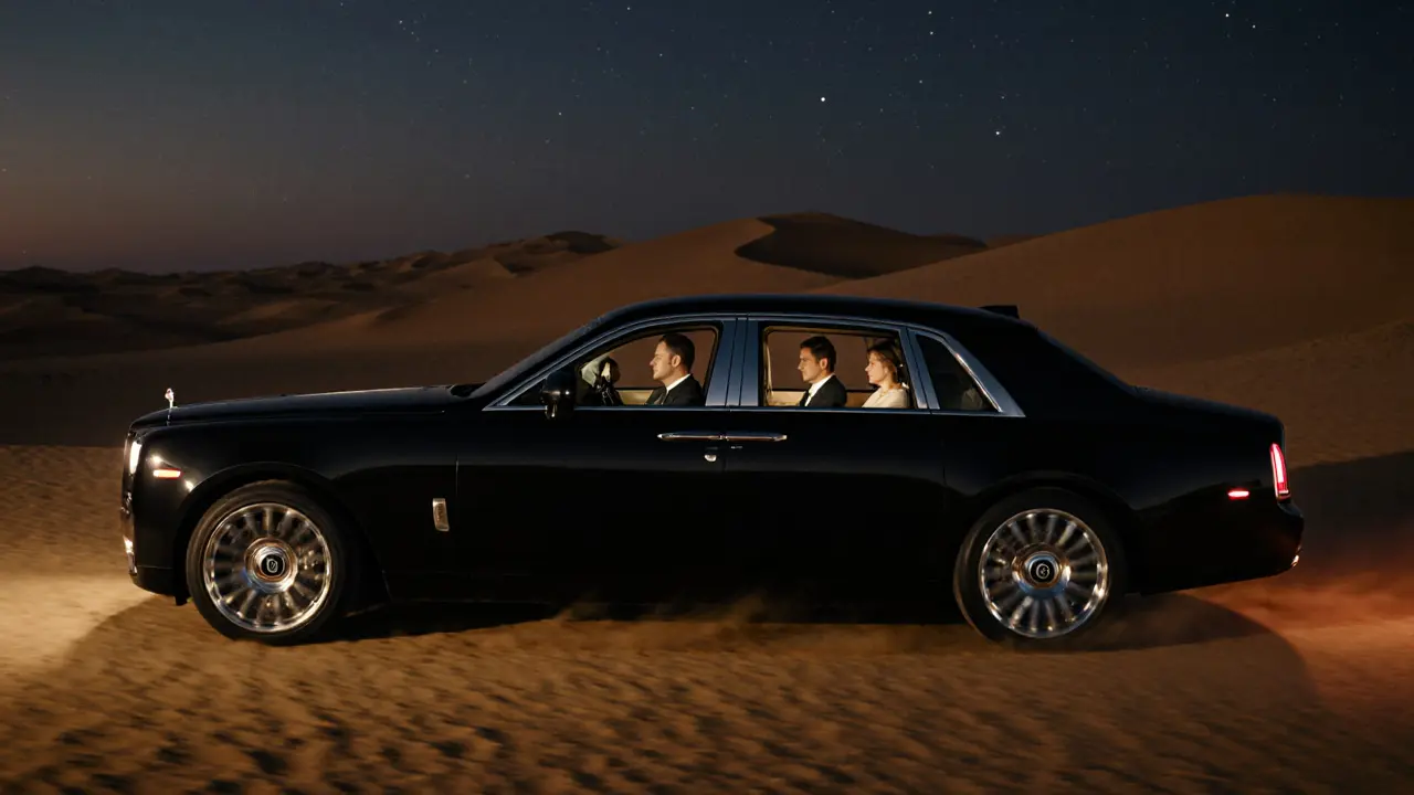 A Rolls-Royce Phantom driving through desert dunes at dusk with two quiet passengers inside.
