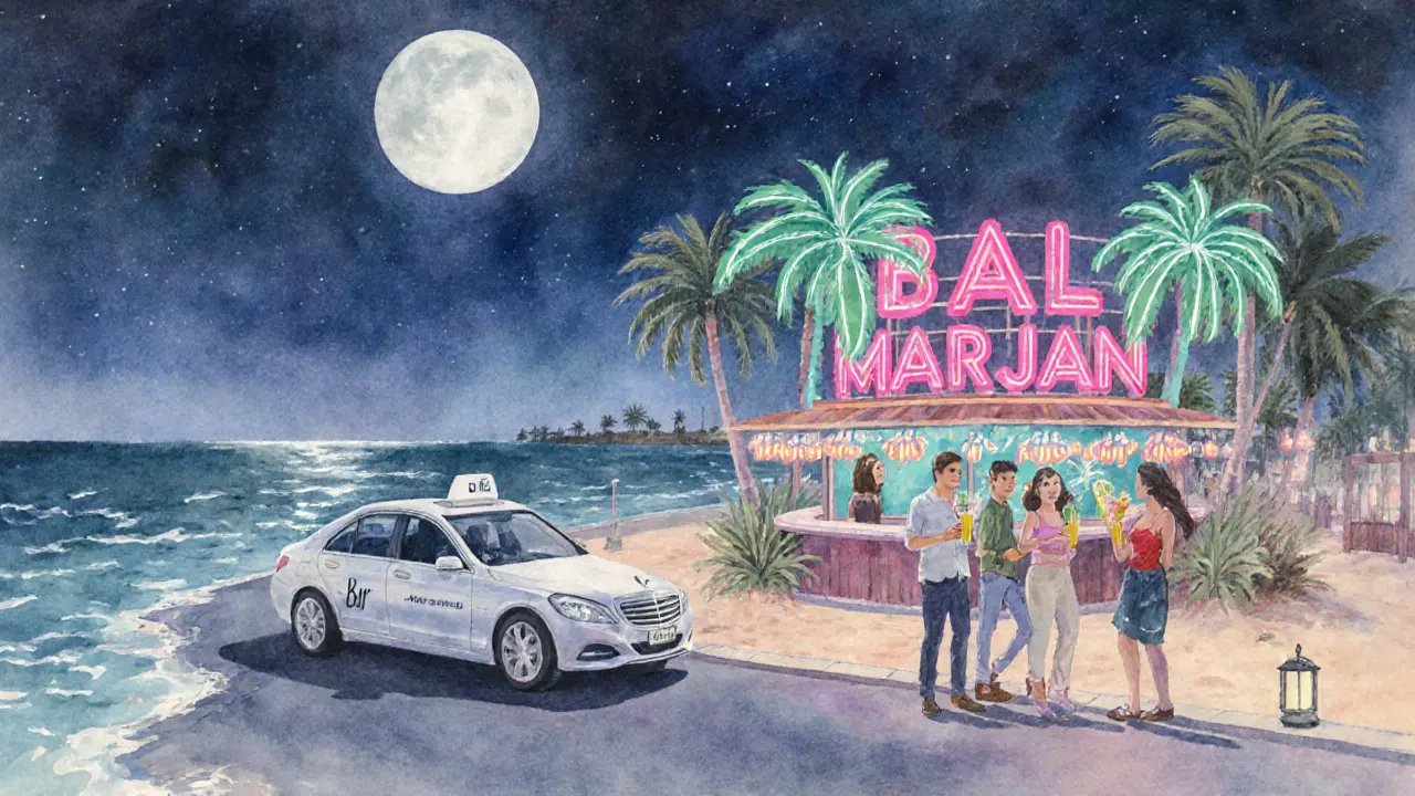 Beach bar at night with friends, cocktails and a ride‑hailing car.