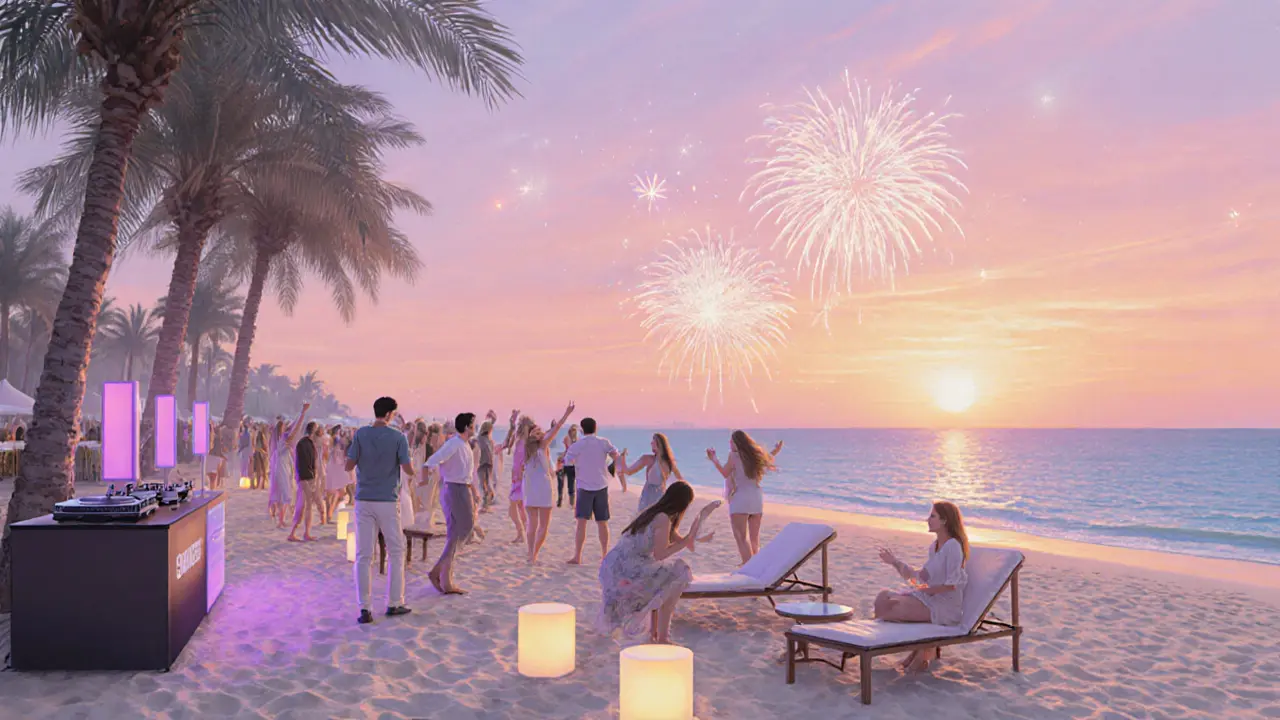 Beach sunrise party on Palm Jumeirah with dancing guests and pastel sky.