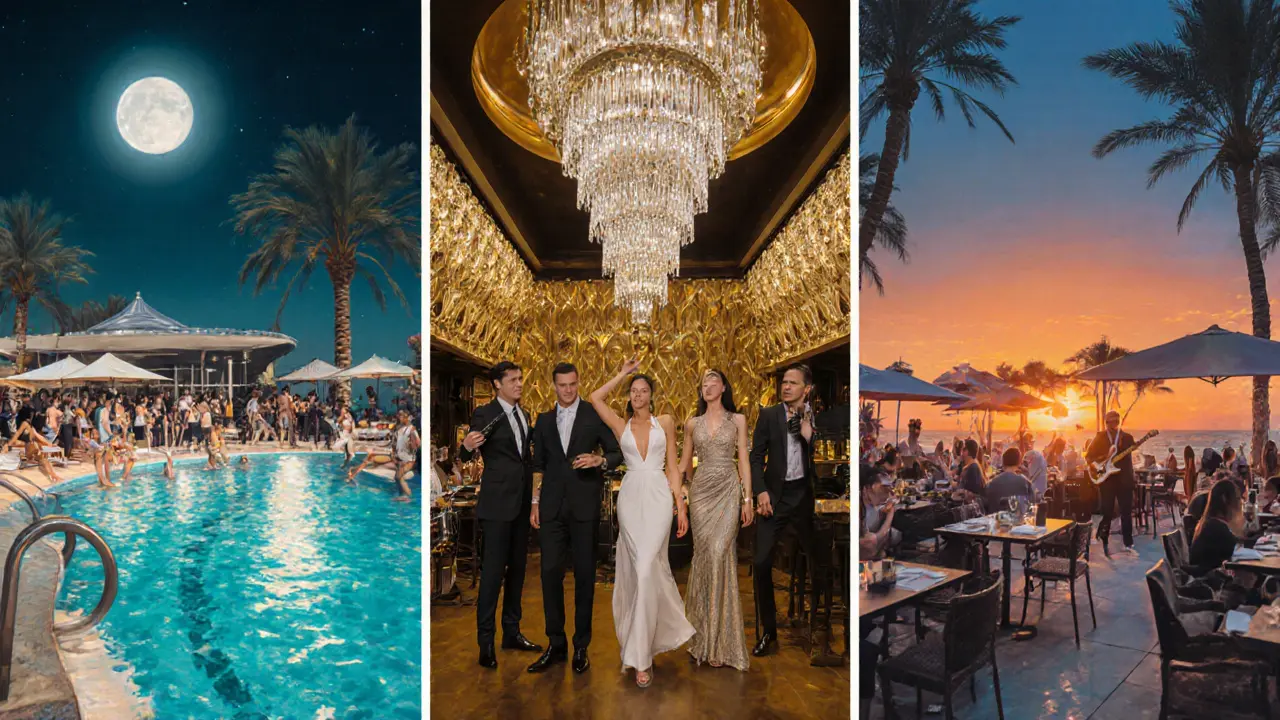 Collage of Dubai nightlife venues: beach pool, luxurious club interior, and casual beach bar.
