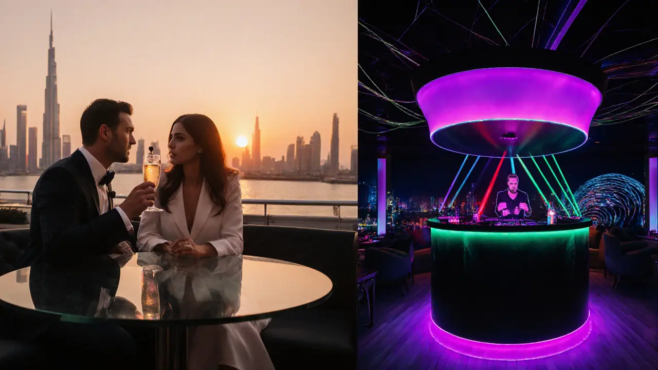 Couple at Skytop rooftop cocktail and LED‑lit Club Aura interior.