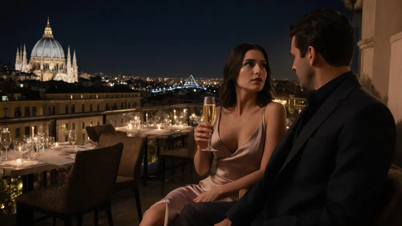 Couple on a balcony overlooking the Duomo, holding champagne during a romantic Milan night.