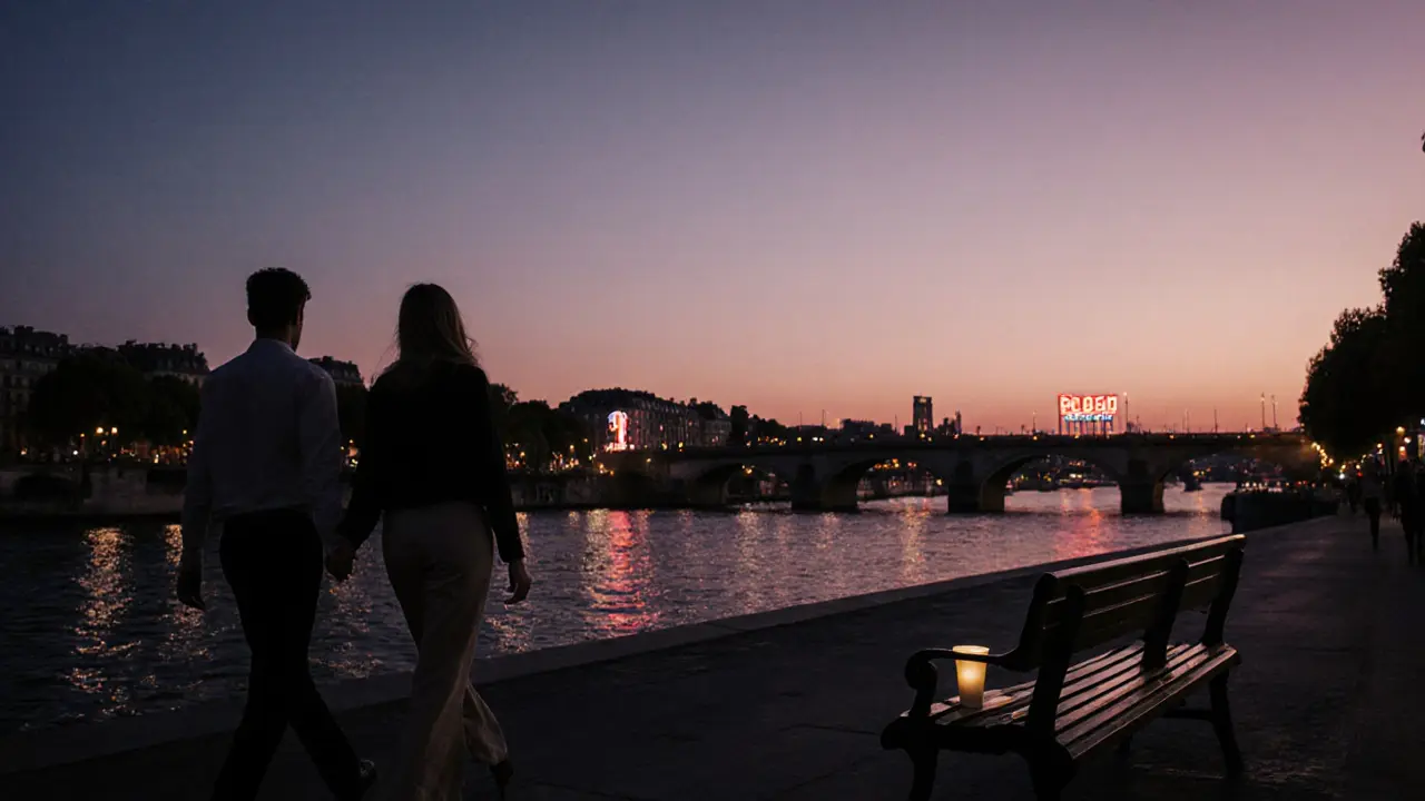 Couple walking along the Seine at sunrise after a night out, with pastel sky and quiet city.