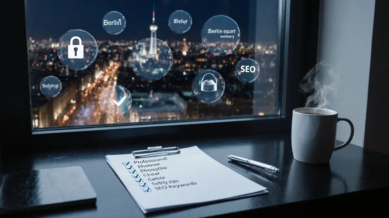 Desk with checklist, pen, coffee and lock icon, overlooking Berlin skyline at night.