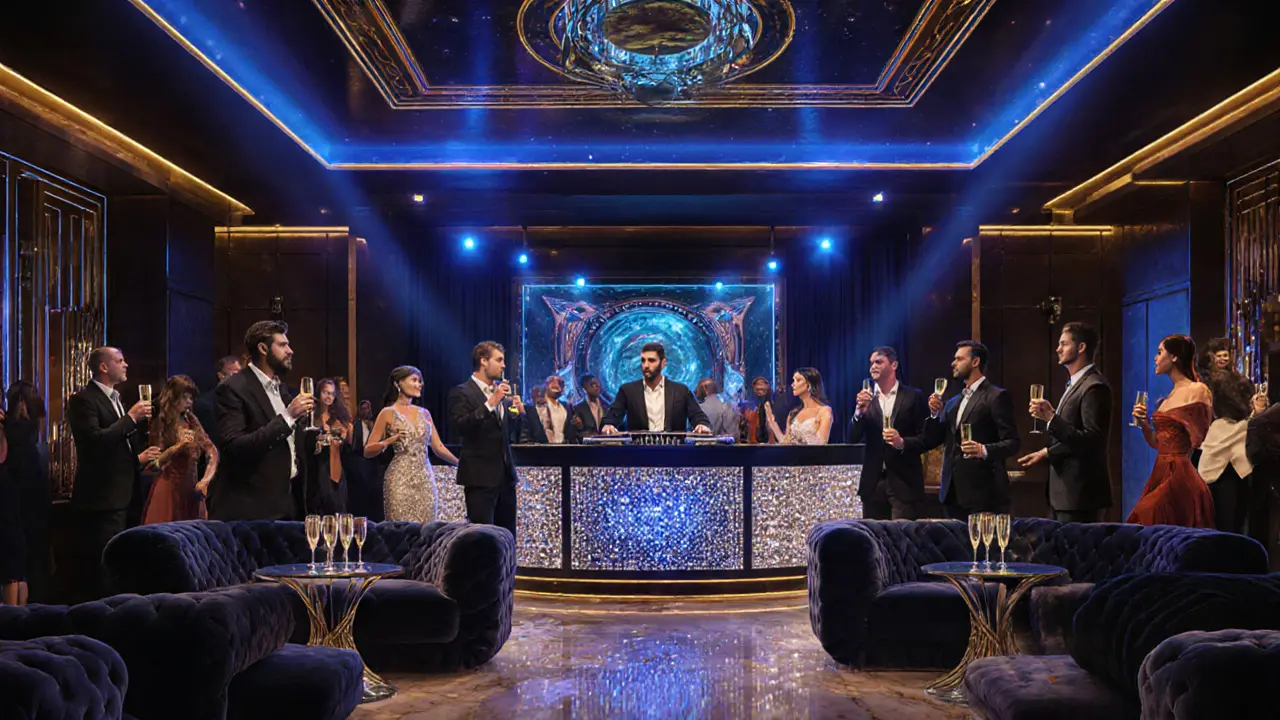 Elegant club interior with stylish guests and DJ at Billionaire Club.