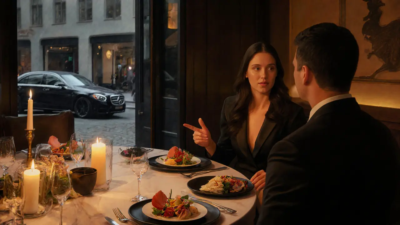 Elegant dinner at Tim Raue with escort and client, candlelit table.