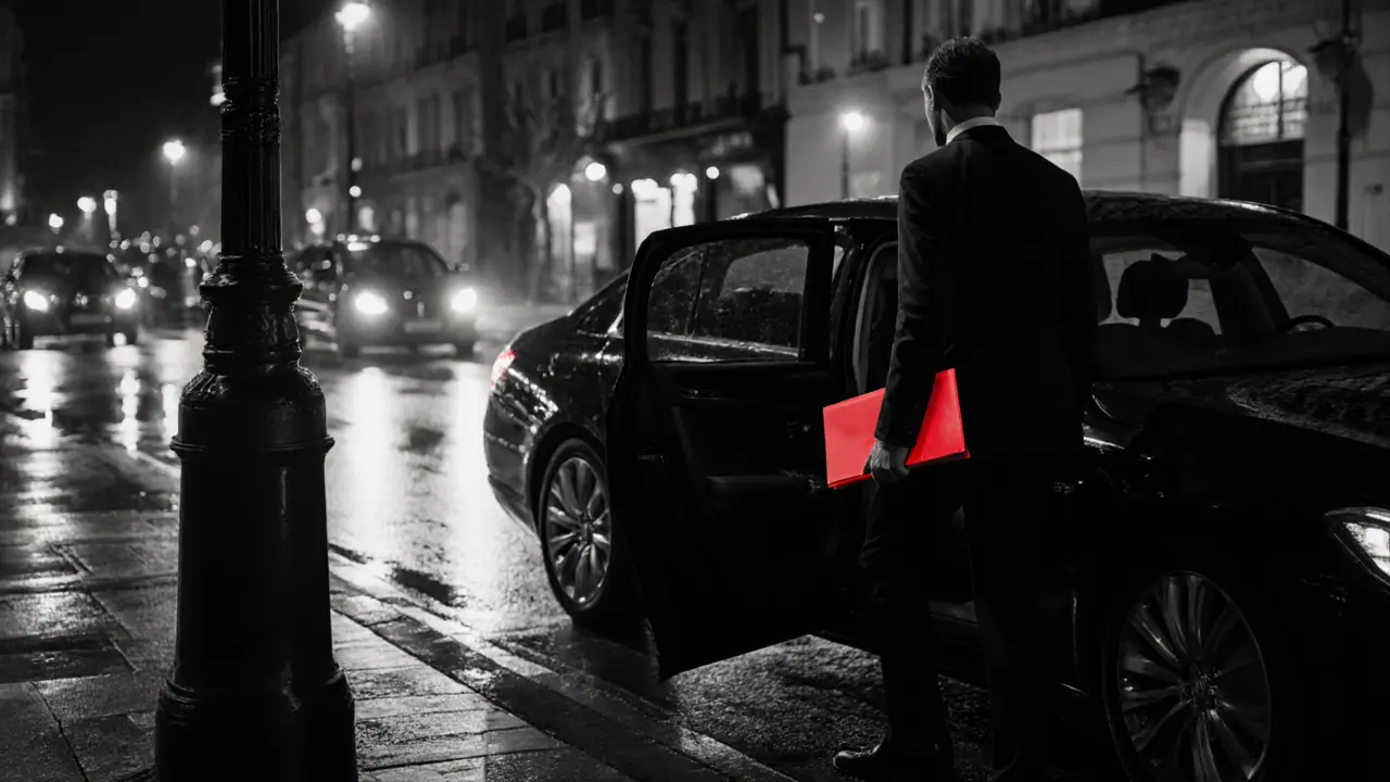 Escort entering a discreet car on a quiet London street, symbolizing privacy.