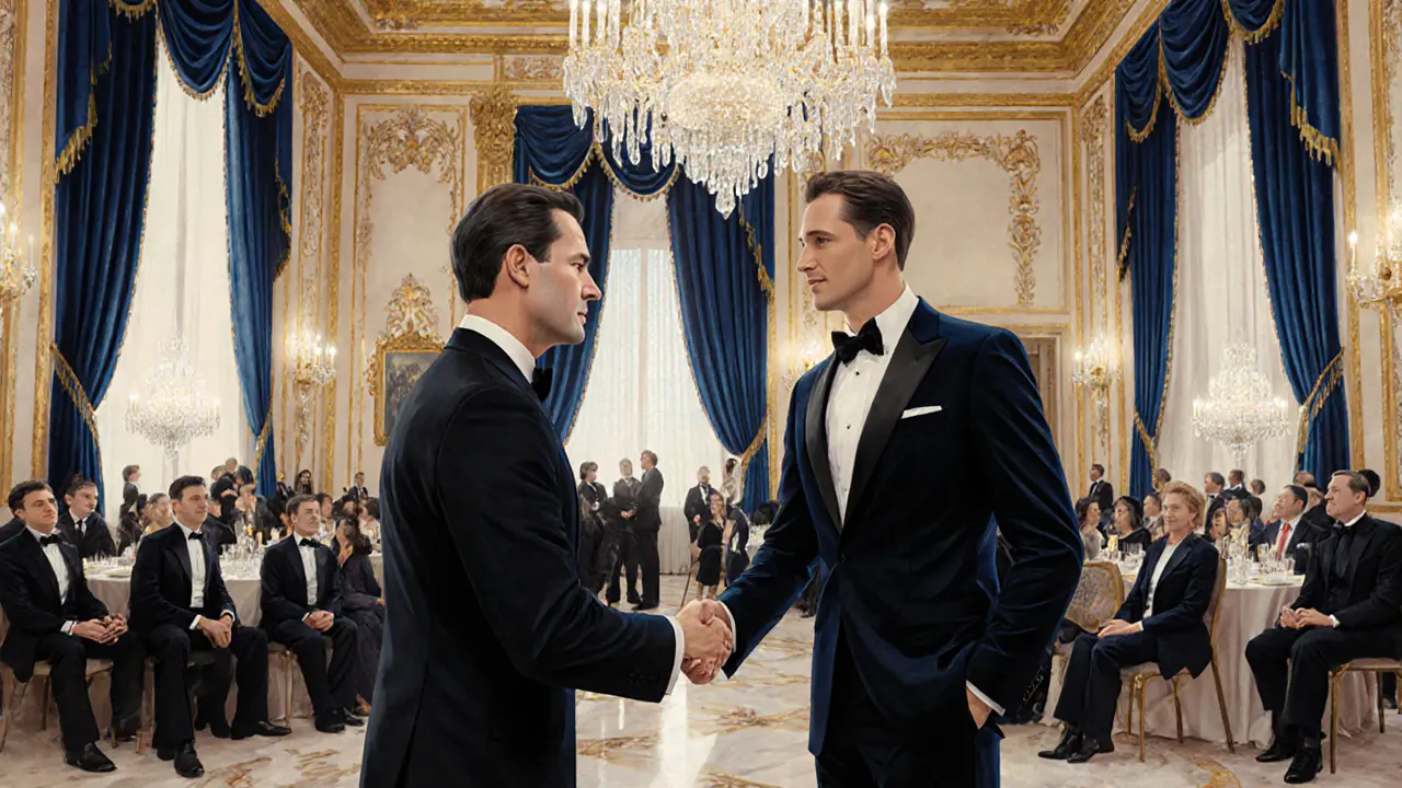 Escort in tuxedo introducing VIPs at a luxurious corporate gala.