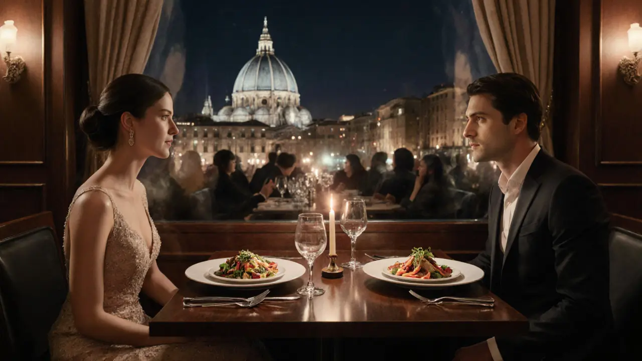 Fine‑dining table by a window with city lights and a view of the Duomo.