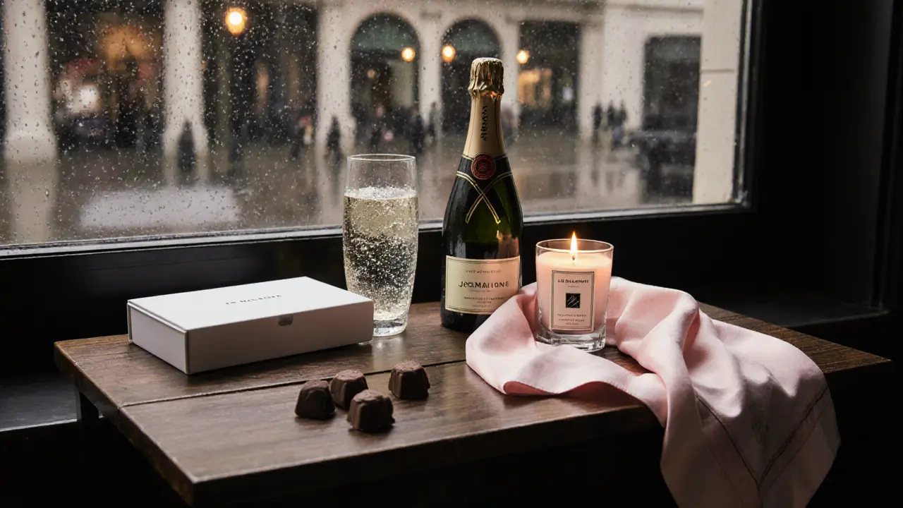 Flat‑lay of chocolates, Prosecco, candle, and silk scarf near a London window.