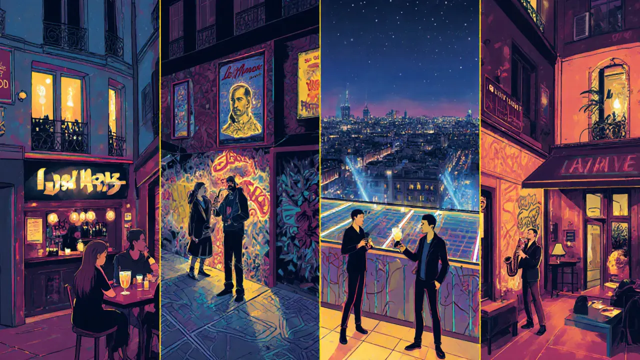 Four Paris nightlife districts depicted: wine bar, rooftop bar, techno loft, and jazz café.