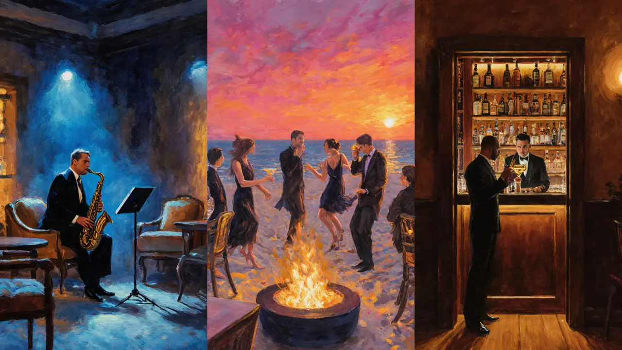 Friends enjoying diverse Dubai lounge scenes from jazz to beach.