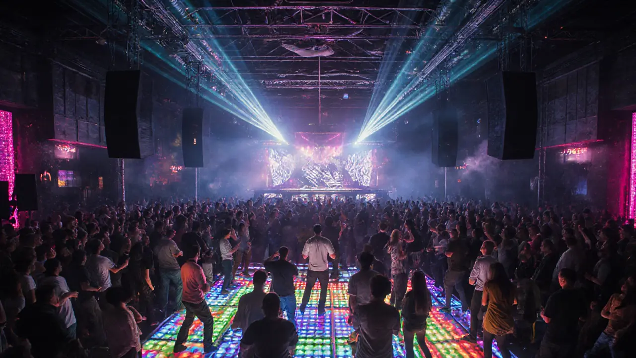 Futuristic warehouse club interior with LED floor and crowd dancing under laser lights.