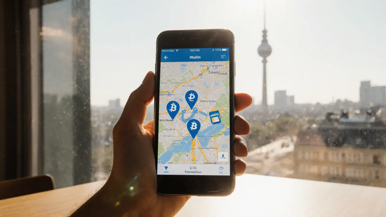 Hand holding a phone displaying a map of Berlin with booking app pins and crypto icons.