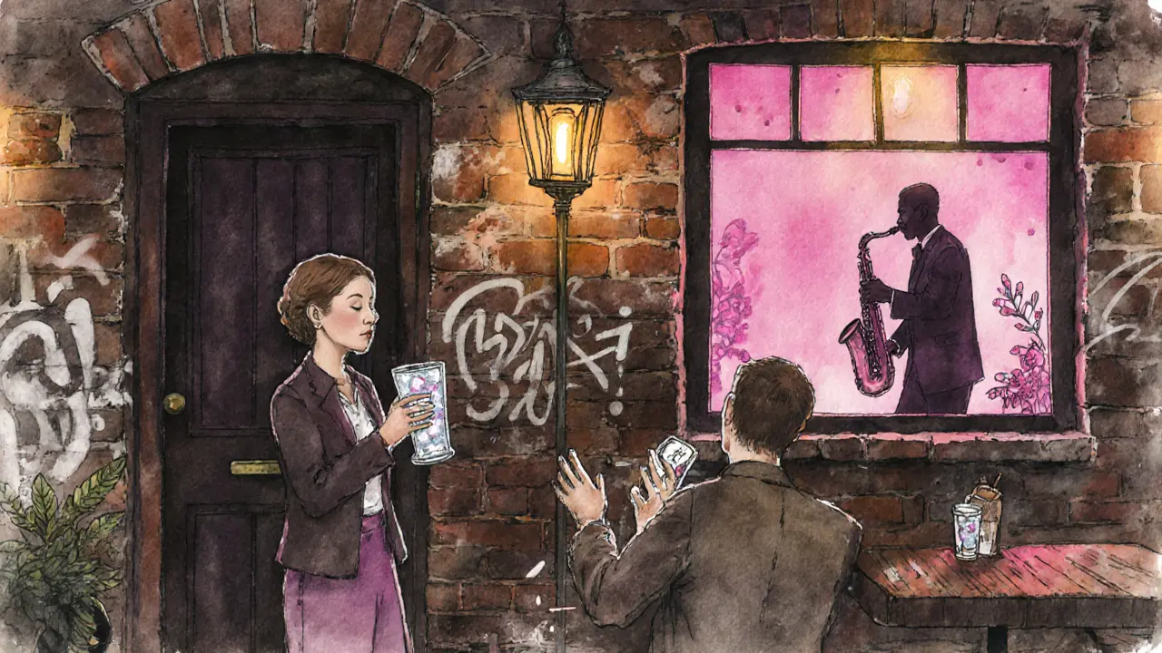 Hidden courtyard bar in Shoreditch with patrons drinking cocktails and a saxophonist silhouetted in dim light.