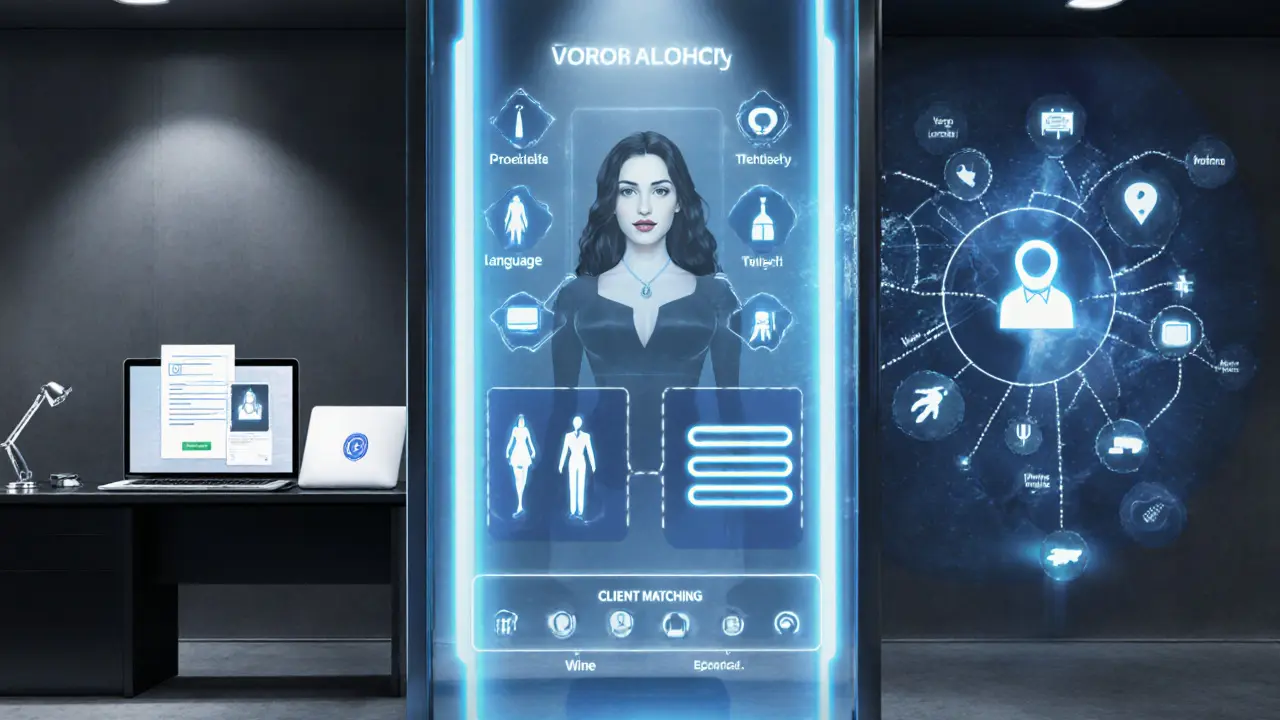 Illustration of agency workflow: verification desk, escort profile screen, and matching algorithm.