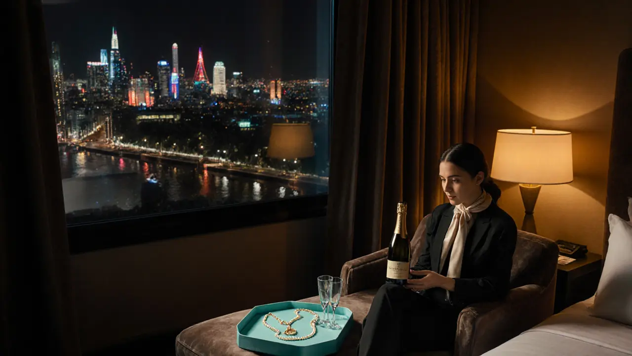 Luxurious hotel suite with champagne and gold necklace, London skyline view.