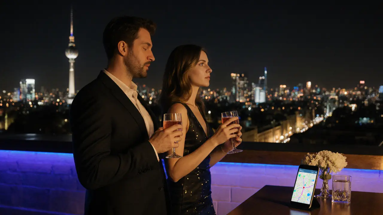 Man and woman sharing drinks on a rooftop bar with Berlin skyline at night.