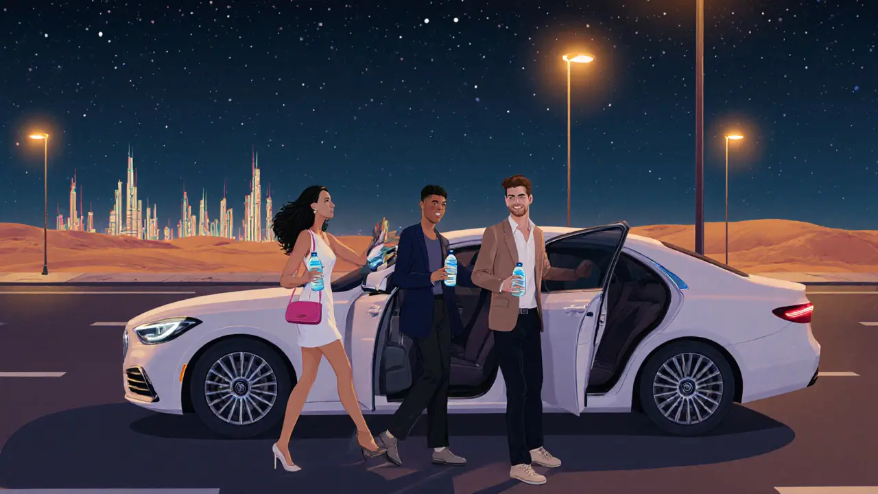 People leaving a nightclub, greeted by a ridesharing car under streetlights.