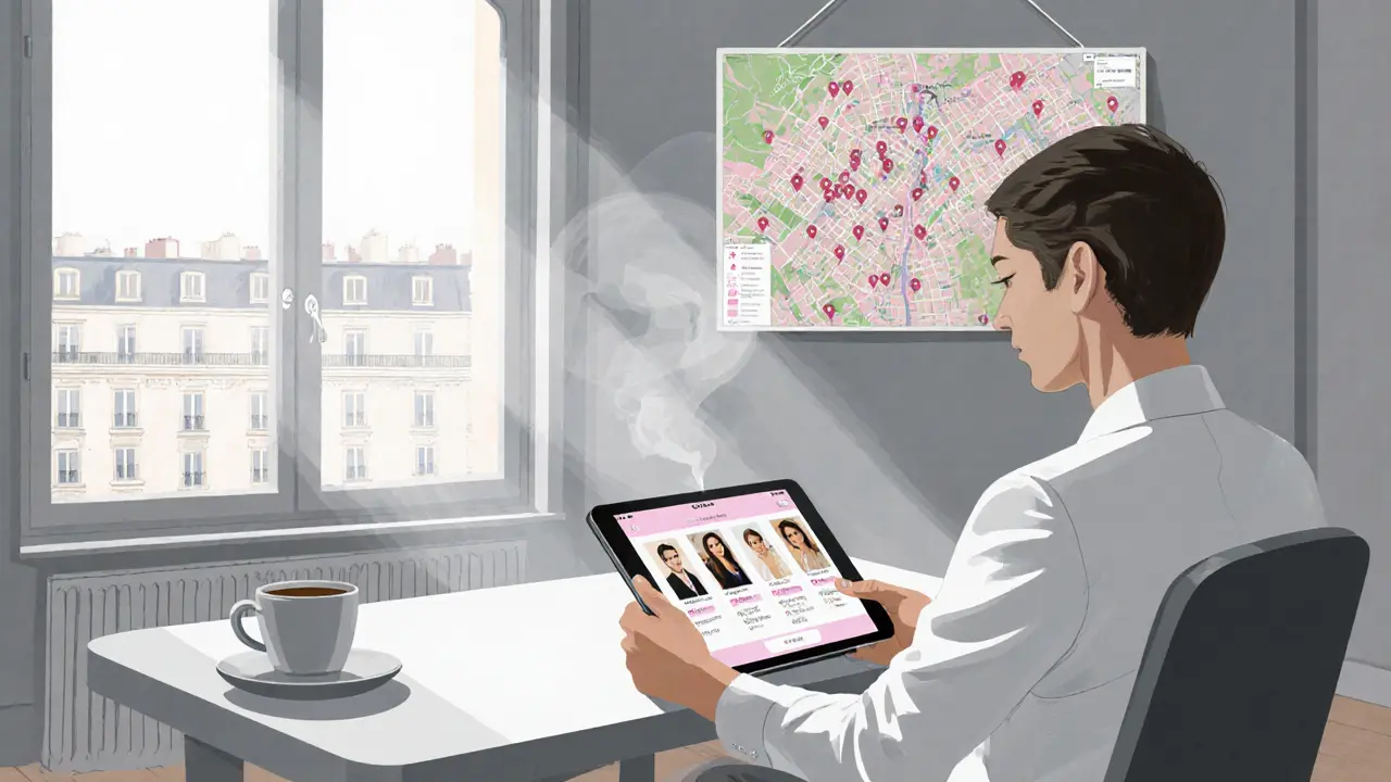 Person in a Paris apartment selects a companion while reviewing profiles on a tablet near a city map.