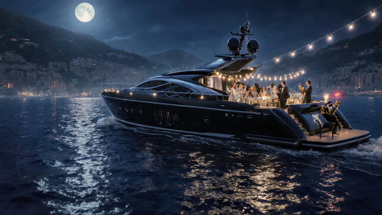 Private yacht party off Monaco’s coast with guests in formal wear enjoying champagne under moonlight.