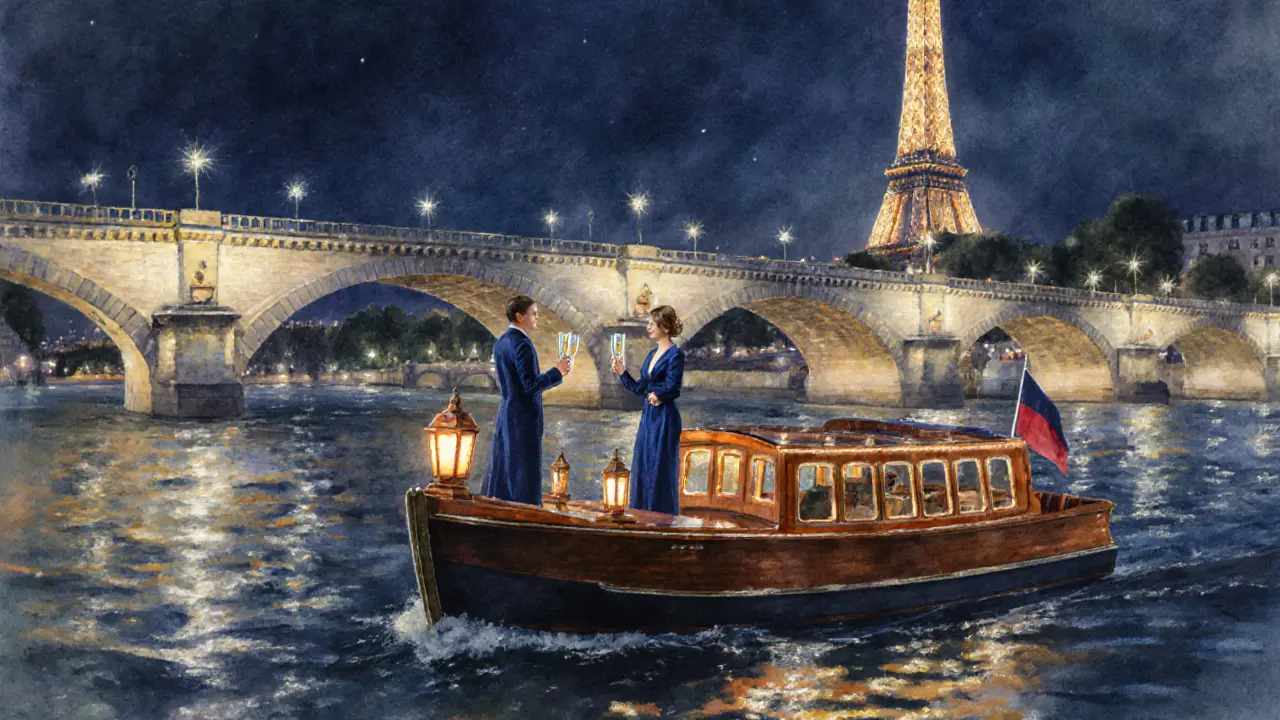 Romantic night cruise on the Seine with champagne, escort in blue dress, and illuminated Eiffel Tower.