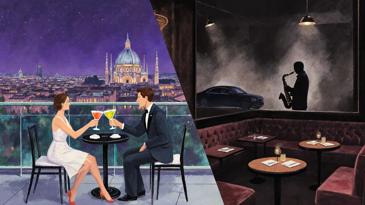 Rooftop cocktail bar overlooking Milan at night, followed by an intimate jazz club scene.