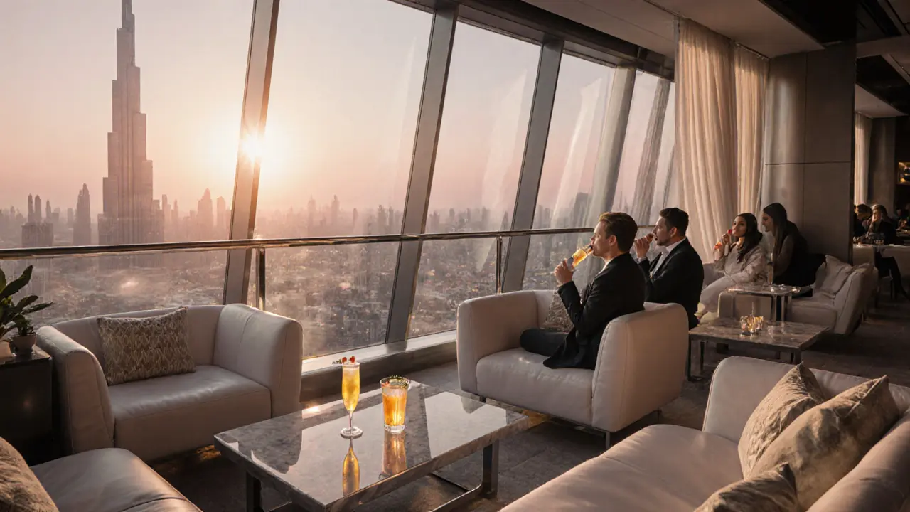 Rooftop lounge on Burj Khalifa 124th floor with sunrise cocktail view.