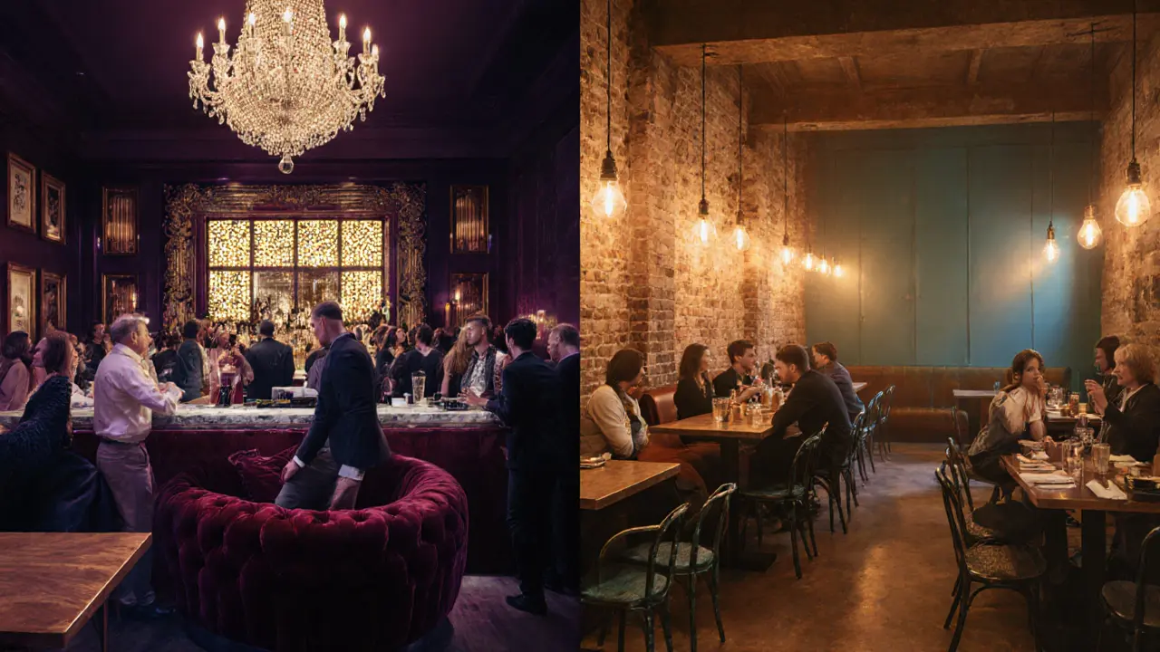 Split view of a glamorous club interior and a cozy casual bar.