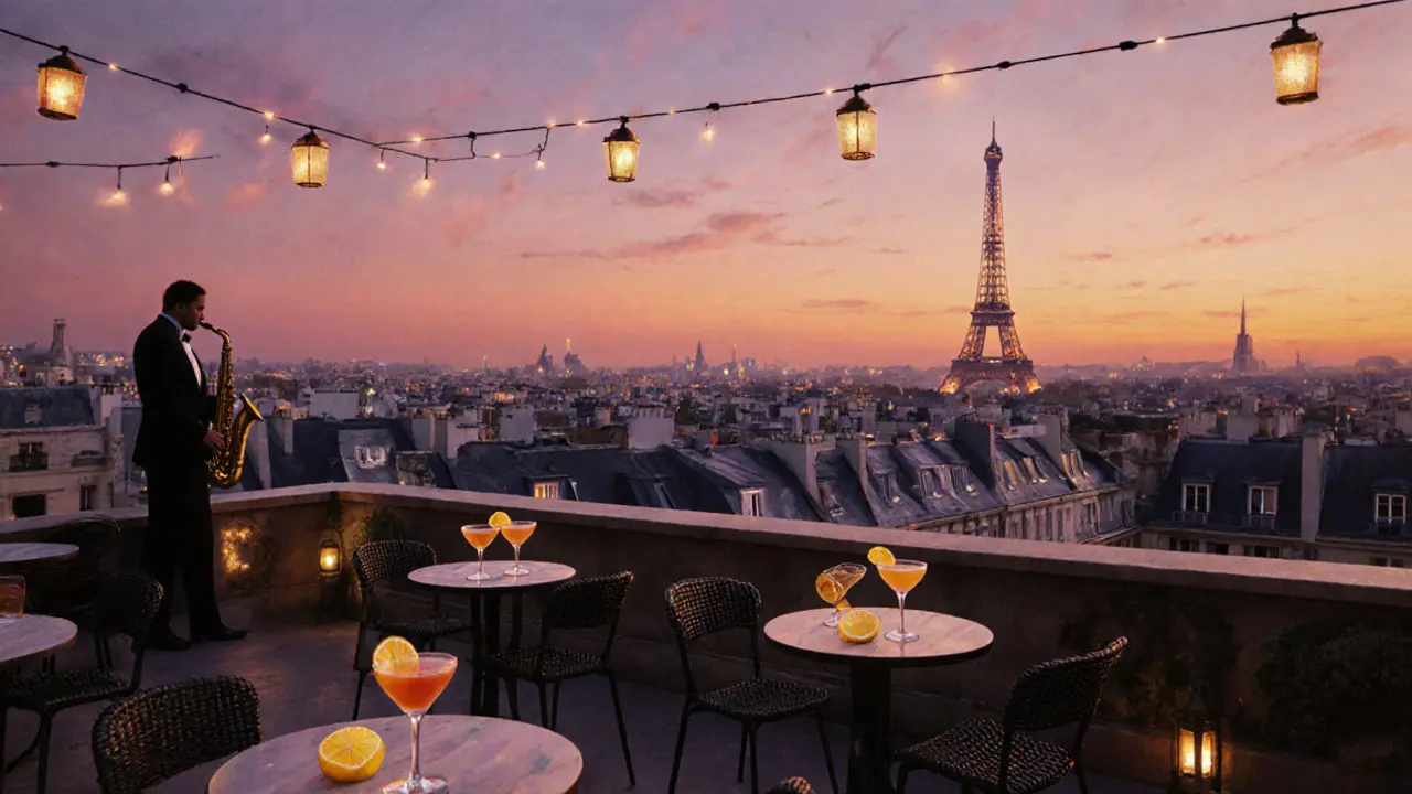 Sunset rooftop bar with cocktails, city view, and a saxophonist.