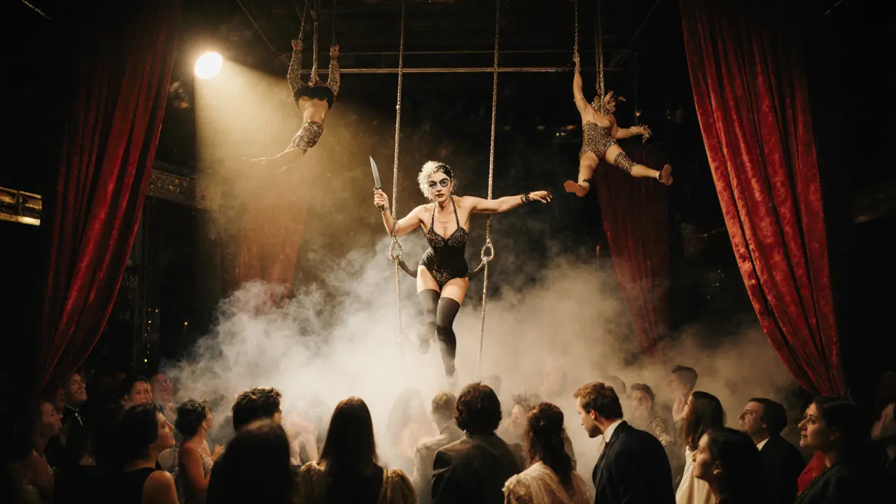 Surreal performance at The Box Soho with dancers on ceiling trapezes and a performer holding a knife under golden spotlight.