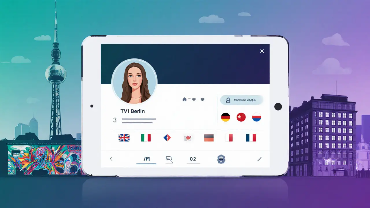 Tablet showing a stylized profile layout with icons and faint Berlin landmarks in the background.
