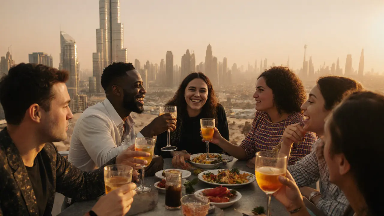 Travelers enjoying a rooftop drink and starlit desert safari in Dubai, experiencing safe and legal activities.