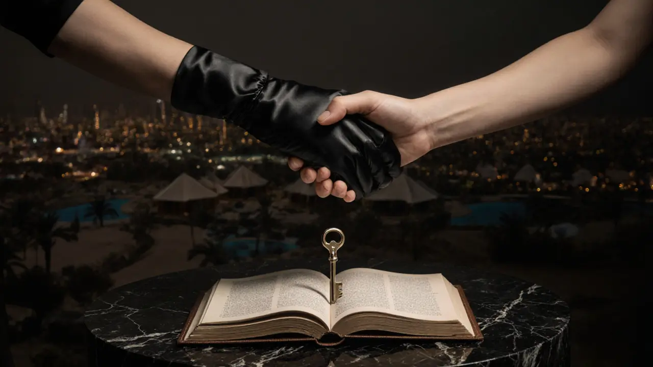 Two hands meeting over a dark table with a key and open journal, symbolizing discretion and connection.