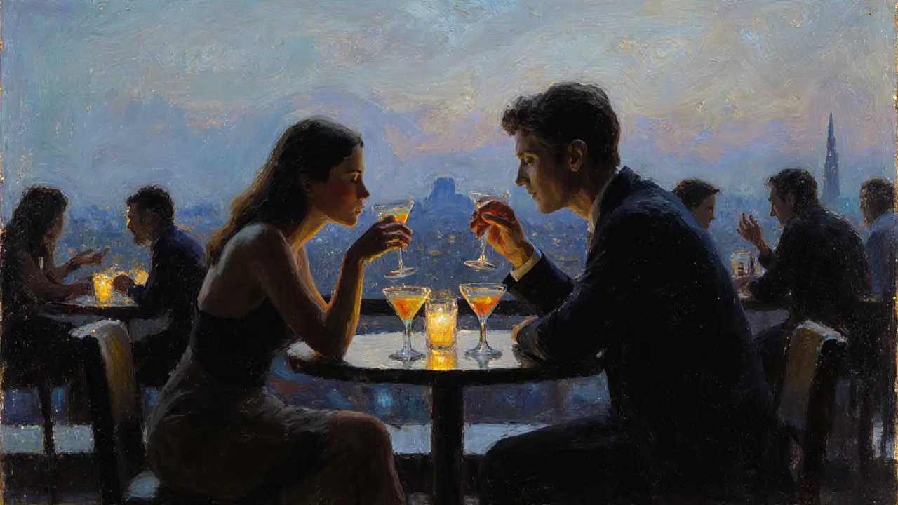 Two people at a table mirror each other's relaxed posture, sharing eye contact in a dimly lit venue.