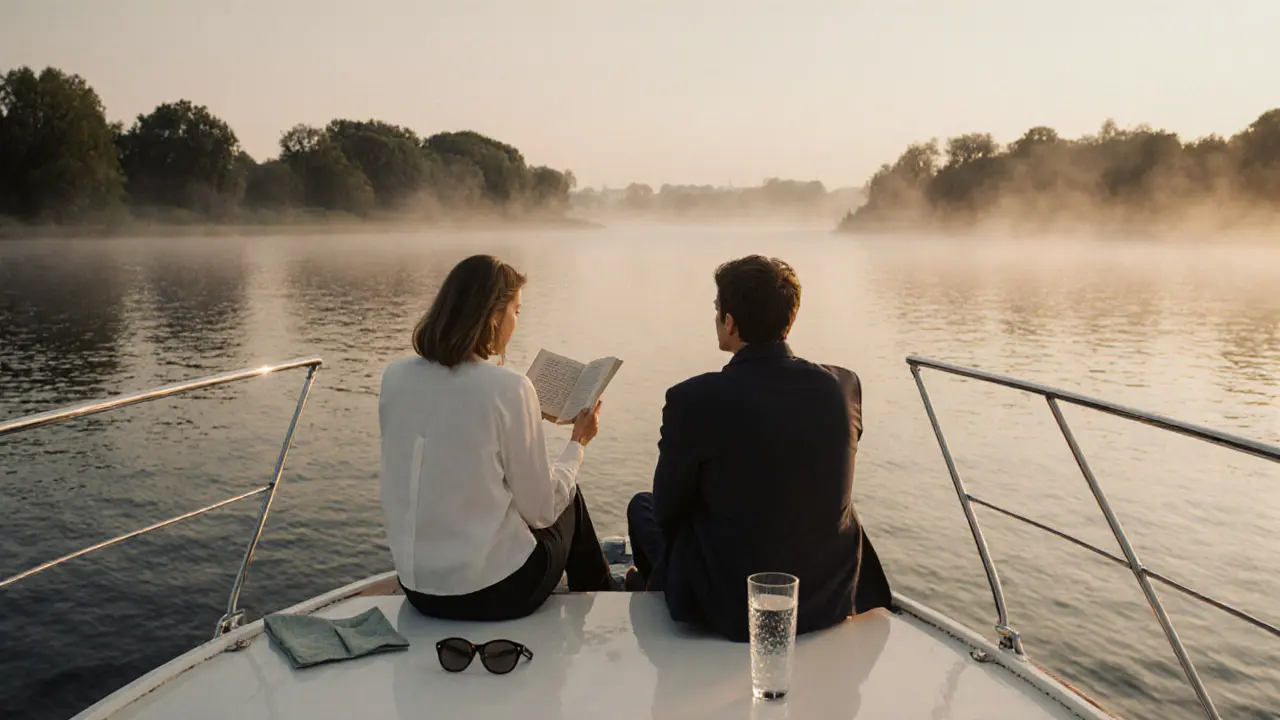 Two people sit silently on a yacht at sunrise on Lake Wannsee, no physical contact, only peaceful companionship.
