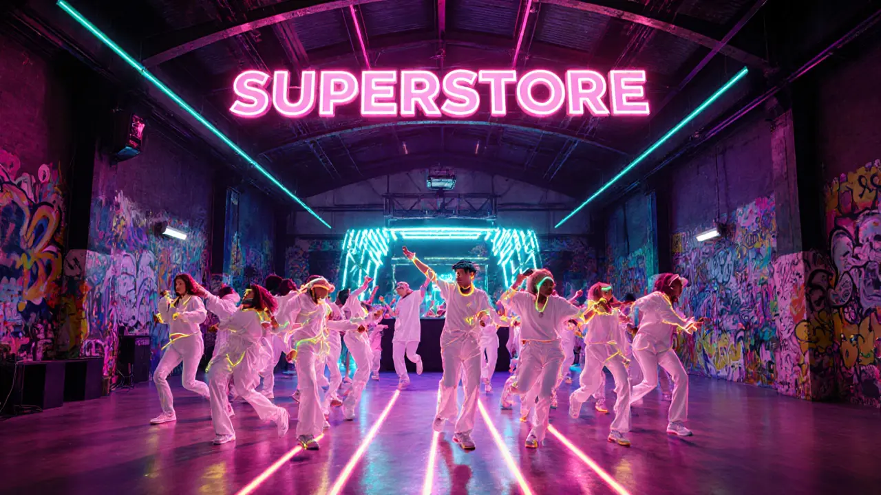 UV‑lit warehouse club with glowing white dancers and neon ceiling sign.