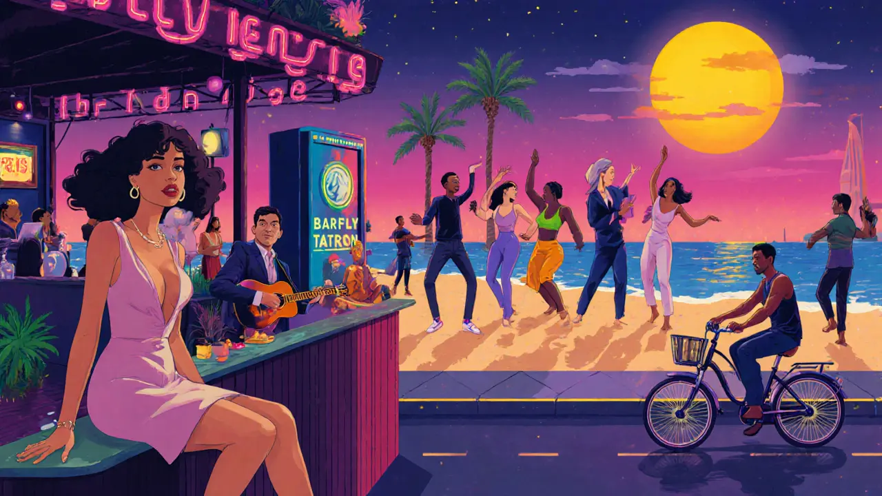 Various party‑goers enjoying rooftop, beach, live music, and bike ride at night.
