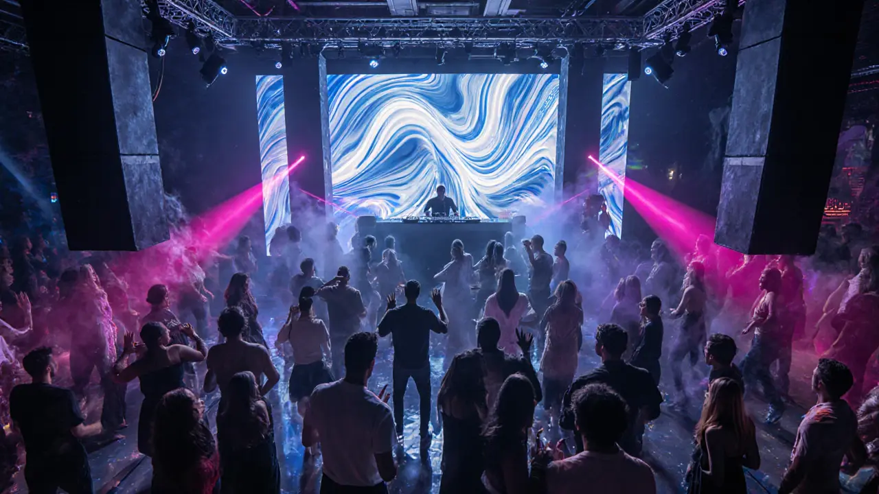 Vibrant nightclub interior with DJ, laser lights, and dancing crowd.