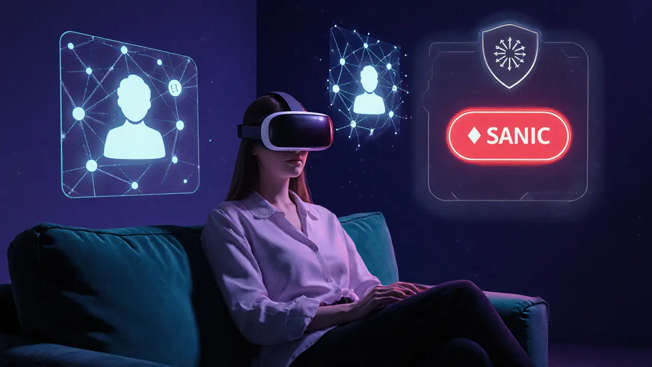Woman in VR headset in a lounge with holographic AI match visuals and a red panic button.