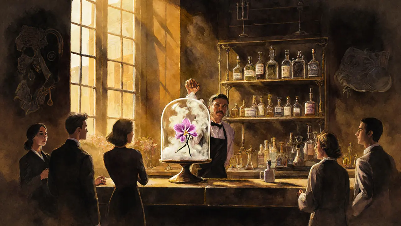 A bartender reveals a floating flower inside a smoke-filled glass dome at a hidden London cocktail bar.
