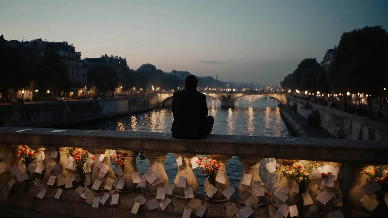 A bridge railing covered in folded notes and pressed flowers at dusk, with a lone figure sitting quietly.