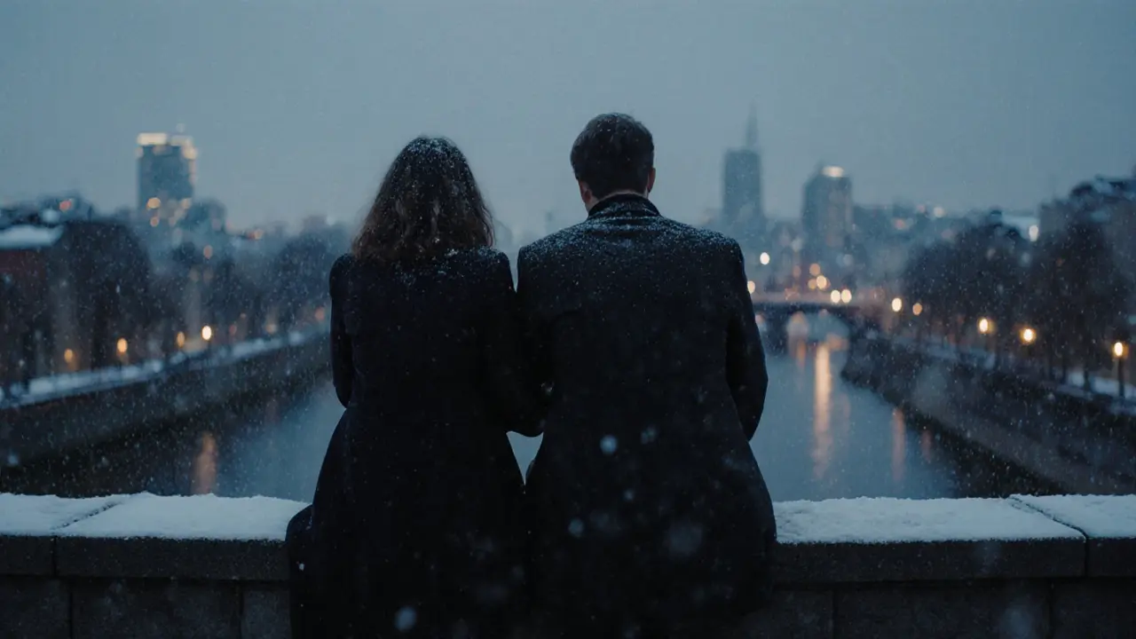 A companion and client sit together on a snowy rooftop garden in Berlin, hands gently clasped as the city glows behind them.