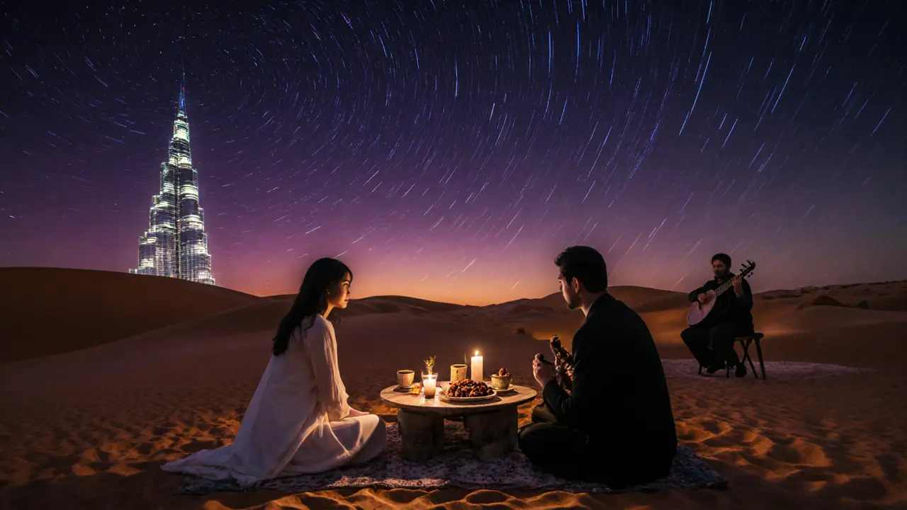 A couple dining at sunset in the desert with oud music playing, Burj Khalifa glowing in the distance.