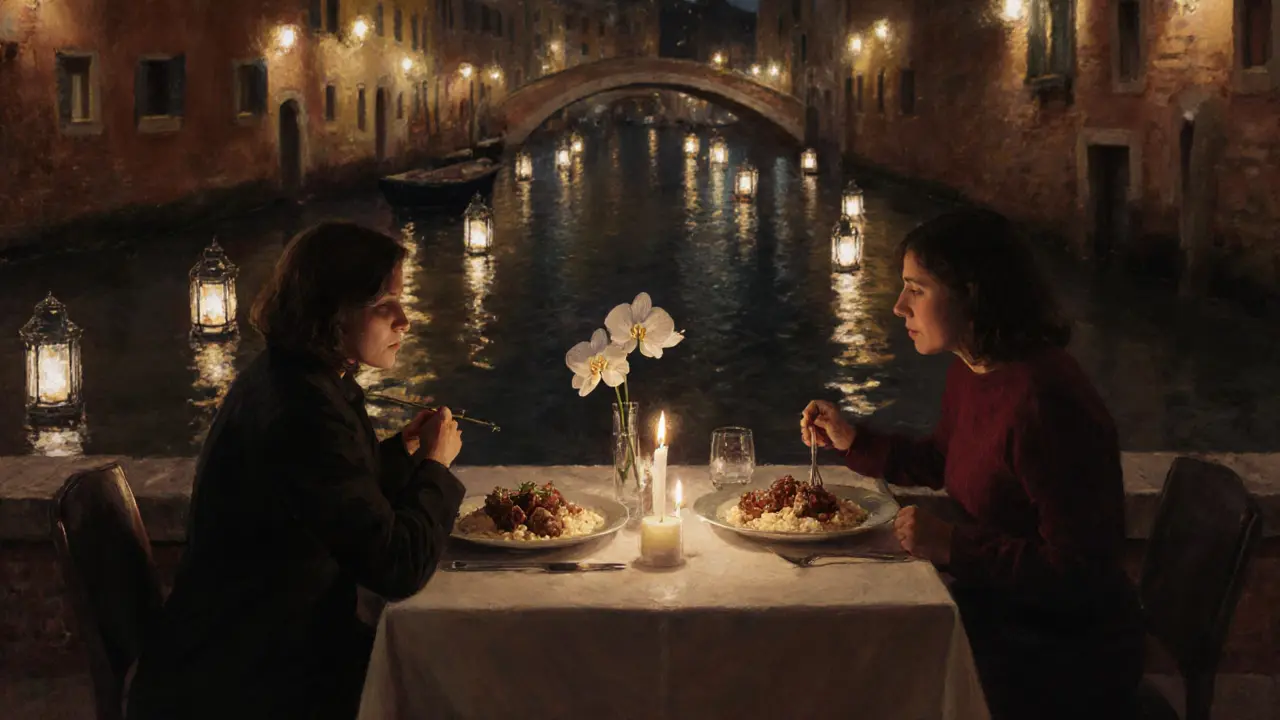 A couple enjoying a quiet candlelit dinner by the Navigli canal with orchids and lantern reflections.