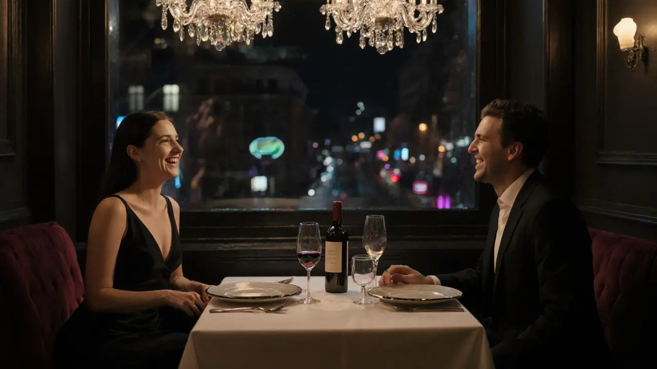 A couple sharing an elegant dinner at a Michelin-starred restaurant in Mitte, Berlin.